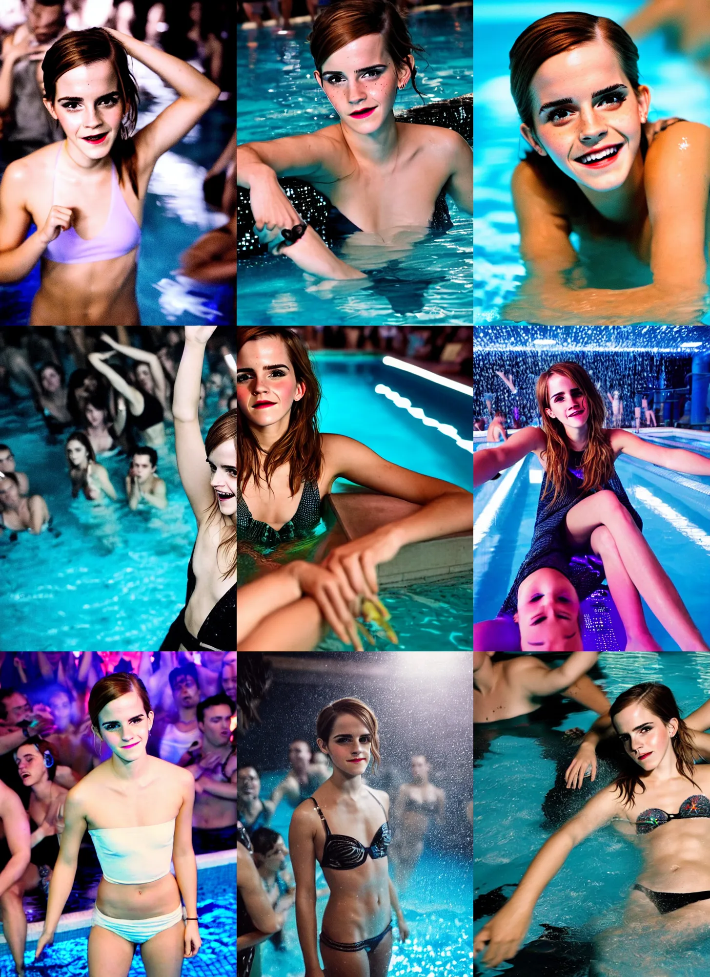 Image similar to medium shot photo of emma watson super drunk having fun being the center of attention in a pool party in a crowded modern indoors pool with cyberpunk illumination at night. sensual photo. symmetrical balance, in - frame. photorealistic