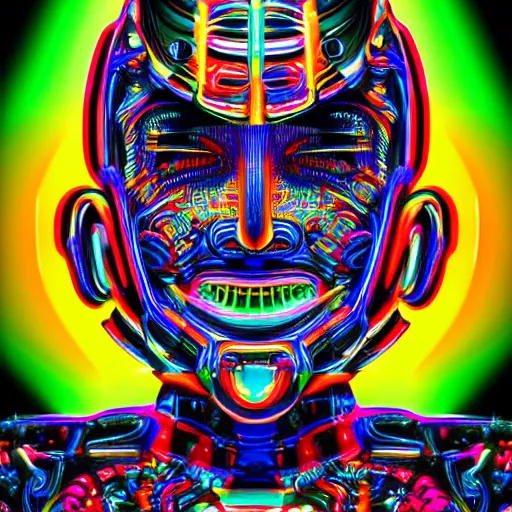 Prompt: hyperdetailed portrait of a futuristic trippy smiling robot head, 8 k, symetrical, flourescent colors, halluzinogenic, multicolored tshirt art, hajime sorayma, black background