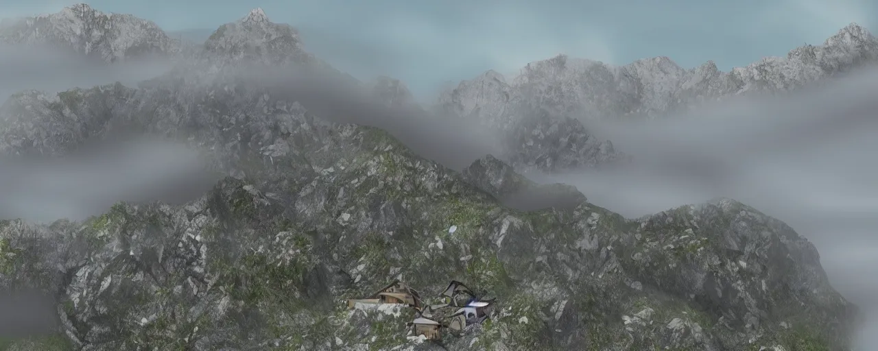 Prompt: two steep mountain peaks, with houses at the peak, digital art, far away, low fog layer