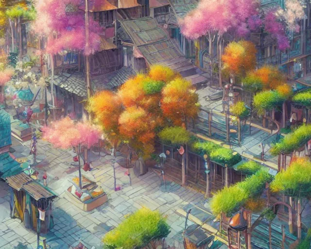 Prompt: great, colorful kitsune city, bamboo, flowers, anime, a fantasy digital painting by Greg Rutkowski and James Gurney, trending on Artstation, highly detailed