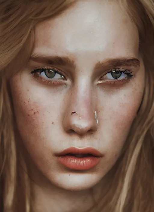Image similar to kodak portra 400, photo portrait,High details, extreme close-up a beautiful woman with blond hair , by Marta Bevacqua, high quality ,photo-realistic, sigma art 85mm F1.4
