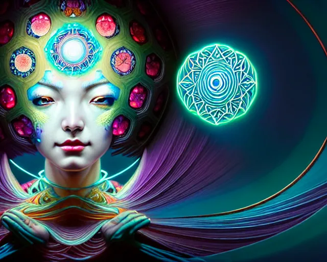 Image similar to a headshot of a geisha offset in the frame, surrounded by fractals, mandalas, cherry blossoms, hadron collider technology, metal gears, swirling bioluminescent energy, art by peter mohrbacher and dan mumford, 8 k octane render, hyperrealistic, zbrush, cinema 4 d