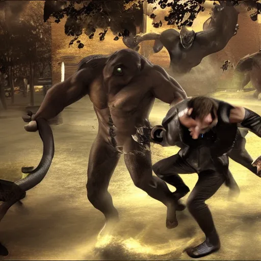 Prompt: 4k photorealistic men in black fighting a giant minotaur