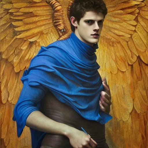Prompt: Oil painting of the handsome Daniel Sharman with blue devil wings, naturalism, dramatic lighting, high-detailed oil painting by Ilya Repin, Michelangelo da Caravaggio, William Blake, Alex Grey and Beksinski, trending on Artsatio, masterpiece, 4k, 8k,
