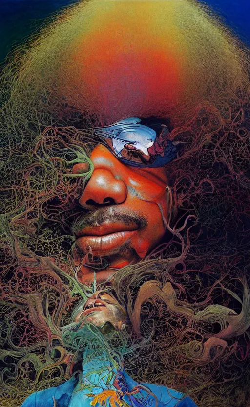 Image similar to ultrawide angle colour masterpiece surreal closeup portrait photography of jimi hendrix playing on stage by miho hirano and annie leibovitz and michael cheval, weird surreal epic psychedelic complex biomorphic 3 d fractal landscape in background by kilian eng and roger dean and salvador dali and beksinski, 8 k