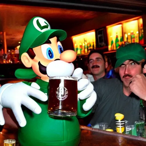 Image similar to luigi from super mario chugging a beer with the boys at the bar