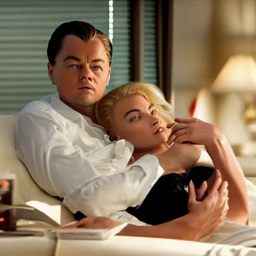 Image similar to leonardo dicaprio as the wolf of wall street next to margot robbie as naomi from the wolf of wall street, hyper realistic faces, cinematic, long shot, hyper detailed, 8 5 mm photograph, 8 k resolution, film still, sharp lens, wide lens