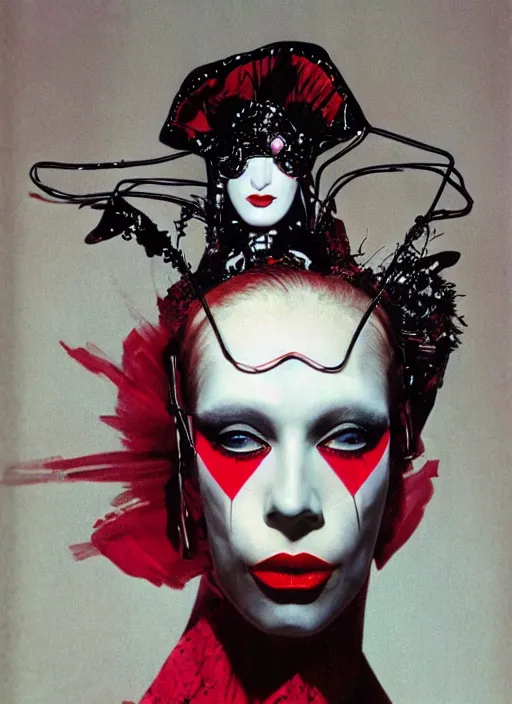 Prompt: an 8 0 s portrait of a woman with dark eye - shadow and red lips with dark slicked back hair, a high fashion mask made of wire and beads, dreaming acid - fueled hallucinations, psychedelic by serge lutens, rolf armstrong, delphin enjolras, peter elson, red cloth background, frilled blooming collar, alexander mcqueen