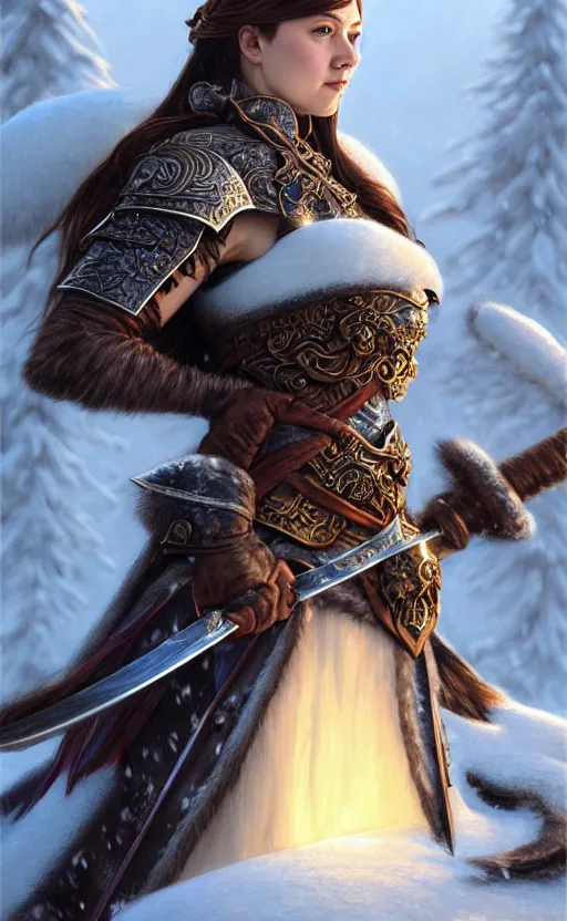 Image similar to azure viking warrior, regal, elegant, winter, snow, beautiful, stunning, hd, illustration, epic, d & d, fantasy, intricate, elegant, highly detailed, wide angle, digital painting, artstation, concept art, smooth, sharp focus, illustration, wallpaper, art by artgerm and greg rutkowski and alphonse mucha and jin xiaodi