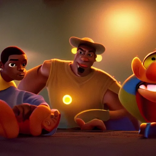 Image similar to a cinematic still of the Pixar version of Paid in Full (2002) epic lighting, shallow depth of field