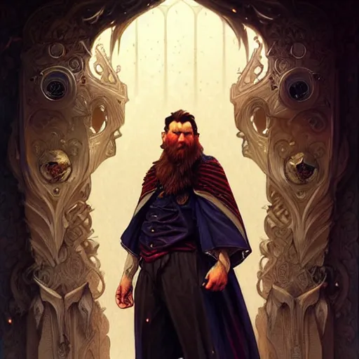 Image similar to Messi with a majestic beard, D&D, fantasy, intricate, elegant, highly detailed, digital painting, artstation, concept art, matte, sharp focus, illustration, art by Artgerm and Greg Rutkowski and Alphonse Mucha