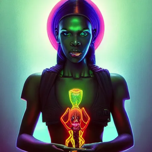 Image similar to african neon necromancer, science fiction, highly detailed, digital painting, beautiful eyes, symmetry, concept art, sharp focus, illustration, global illumination, radiant light, synthwave colors, detailed and intricate environment, art by artgerm and greg rutkowski and magali villeneuve and ilya kuvshinov!