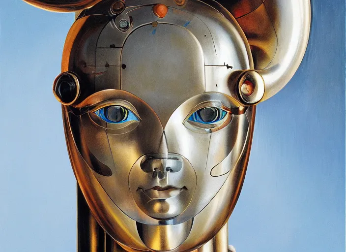 Image similar to asymmetrical portrait headshot of sci fi metallic human, bright eyes, melancholic complex geometric figure liminal biomechanical by oskar schlemmer, moebius, john berkey, film grain, oil on canvas, portrait facial head, featured on artstation, hd wallpaper, 8 k, bright colors, global radiant light