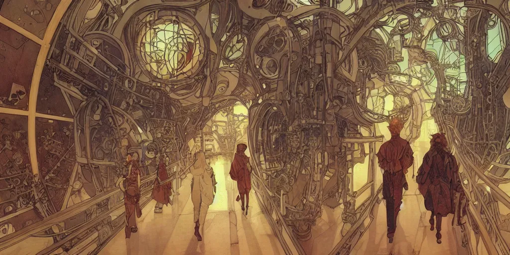 Image similar to steampunk starship hallway, kid and mad scientist walking, giant video screens, sci - fi, big interior plants, retrofuturism, concept art by mucha and moebius and victo ngai, architecture by francois schuiten, clean line, diesel punk, artstation