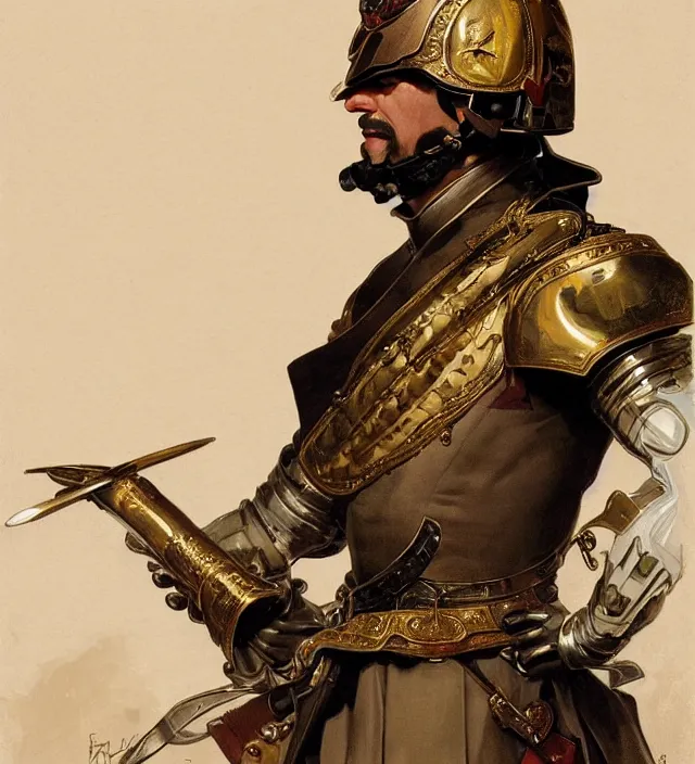 Image similar to portrait of an italian man wearing a traditional nineteenth century italian empire military uniform, metal shoulder pauldrons, intricate, highly detailed, digital painting, artstation, concept art, sharp focus, cinematic lighting, illustration, art by artgerm and greg rutkowski, alphonse mucha, cgsociety