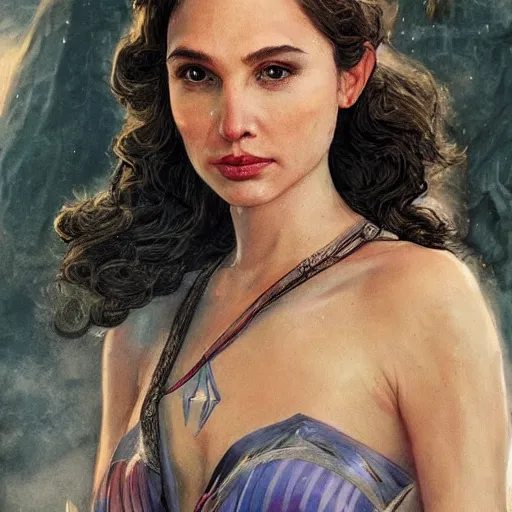 Image similar to An enchanting portrait of Gal Gadot as an elf in evening gown, evening, detailed matte painting, cinematic, Alan Lee, Artstation