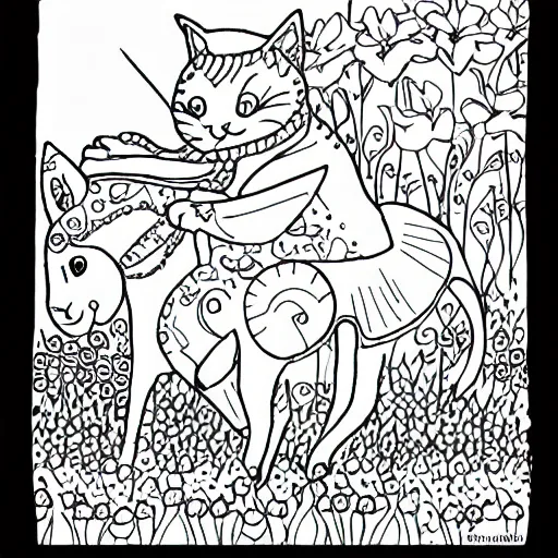 Image similar to coloring page of cat riding a horse in flowers field