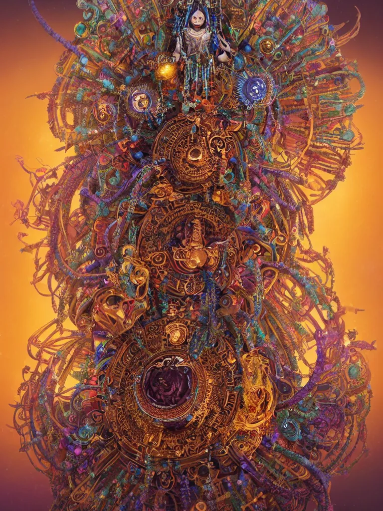 Image similar to a centered ancient mystical tribal elder wearing an intricate head dress of feathers and jewels generating flowing energy and surrounded by wisps of incense smoke sits meditating on a complex celestial mandala in a cybernetic robot temple, peaceful face, by justin gerard and craig mullins, 3 d, cinema 4 d render, trending on artstation, 8 k