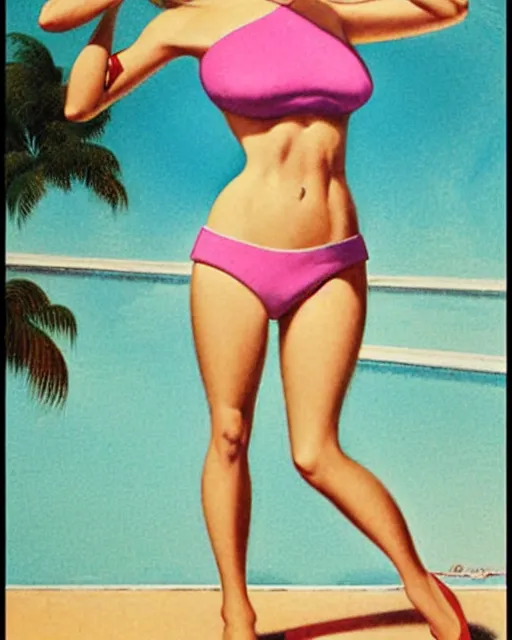 Image similar to tuesday weld swimming in a pink bikini, tuesday weld half immersed in water in a palm springs midcentury swimming pool by gil elvgren, by mort kunstler, by basil gogos