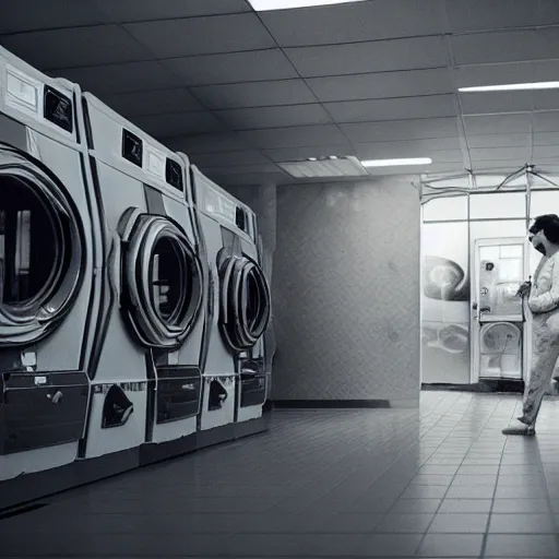Prompt: a beautiful photo of an astronaut waiting in a laundromat, '70, soft light, morning light, photorealistic, realistic, octane, 8k, cinematic shot