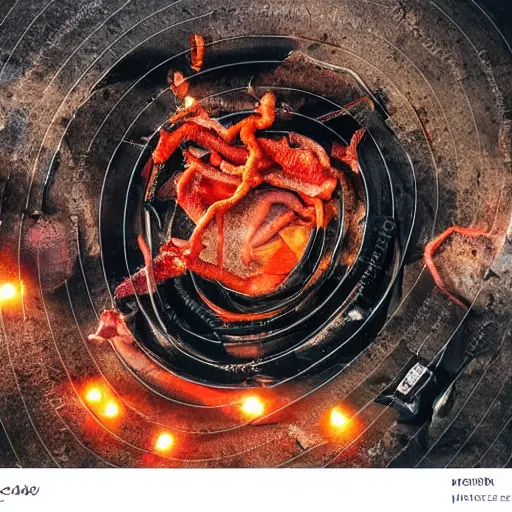 Image similar to red hot frying pan with bacon, tangles of metallic cables, dark messy smoke - filled cluttered workshop, dark, dramatic lighting, orange tint, sparks, plasma charges, cinematic, highly detailed, sci - fi, futuristic, movie still