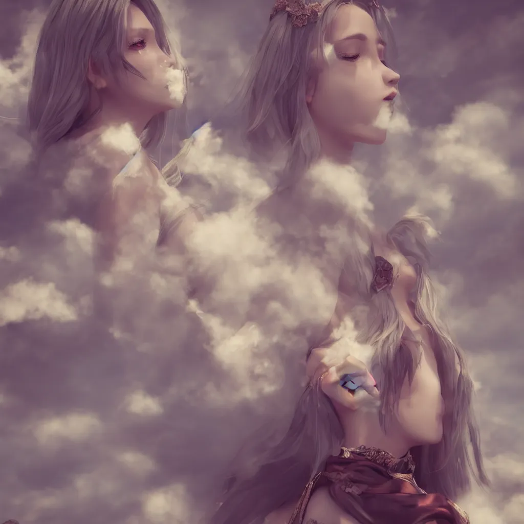 Image similar to beautiful girl in full gown blowing clouds, portrait character concept style trending on artstation concept art detailed octane render cinematic photo - realistic 8 k high detailed