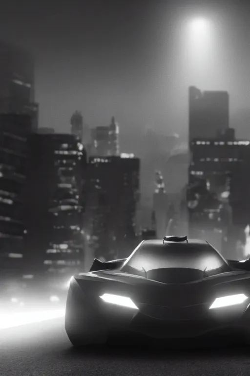 Image similar to the batmobile driving through gotham city at night. fluorescent light. pov from behind the wheel. octane render. 8 k. monochrome. black and white. mist. atmospheric. cinematic. hdr, raytracing, global illumination. a matte painting by ash thorp.