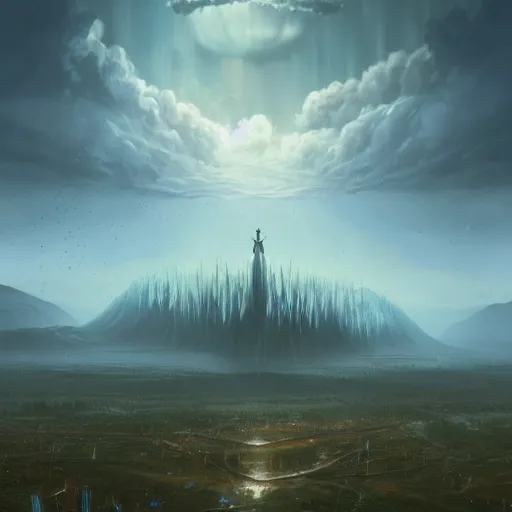 Image similar to a digital painting of a gigantic big enormous humanoid monster standing in the sky, concept art by simon stalenhag and peter mohrbacher cgsociety, vanitas, ominous, lovecraftian, speedpainting, apocalypse art. mist. hyper - realistic. photo realistic. octane render. intricate detailed masterpiece. extreme wide shot. realistic shaded dynamic lighting