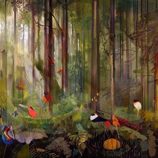 Prompt: of a forest with birds in the style of disco elysium, expressionism, artstation, trending, by aleksander rostov, jenny saville, rembrandt, alex kanevsky, wassily kandinsky, dave mckean, yoshitaka amano