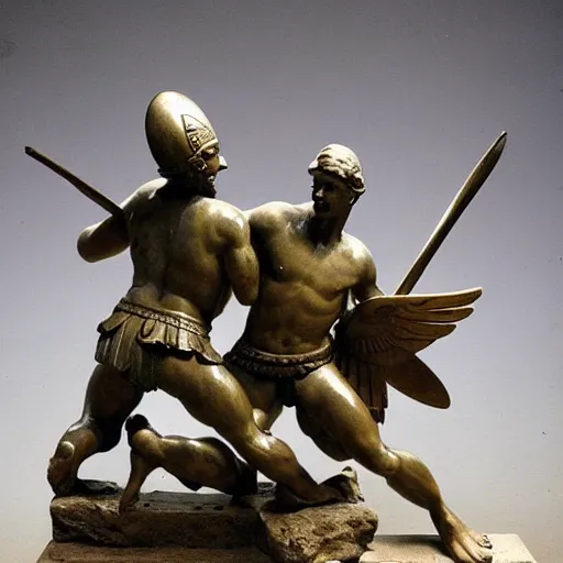 Image similar to ducks! fighting against greek warriors, ancient greek statue, epic, detailled