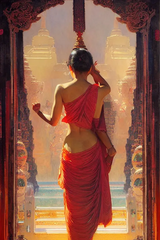 Image similar to buddhism, temple, futurism, painting by gaston bussiere, greg rutkowski, j. c. leyendecker, artgerm