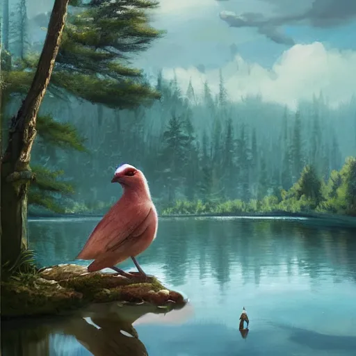 Prompt: Anthropomorphic bird, sitting at a pond, mountainous area, trees in the background, oil painting, by Fernanda Suarez and Greg Rutkowski