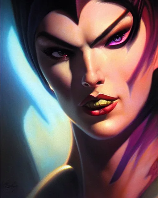 Image similar to widowmaker from overwatch, character portrait, portrait, close up, vintage fantasy art, vintage sci - fi art, radiant light, caustics, by boris vallejo