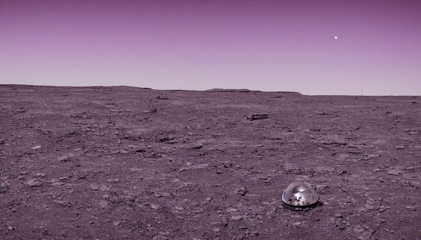 Prompt: desolate alien landscape. small lander to the right. photo. purple sky.