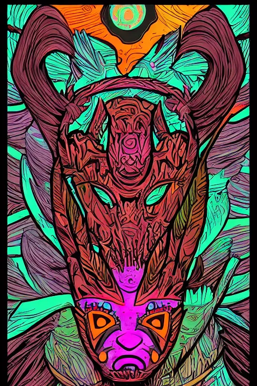 Image similar to animal mask totem roots flower tribal feather gemstone plant wood rock shaman vodoo video game vector cutout illustration vivid multicolor borderlands comics by josan gonzales and dan mumford radiating a glowing aura