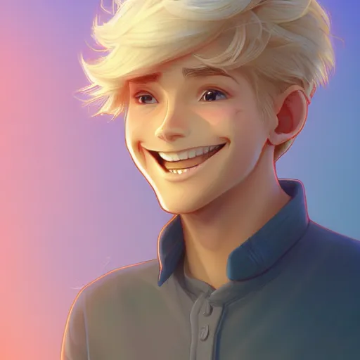 Prompt: young man with short, ash blond greyish hair, happy and smiling, path traced, highly detailed, high quality, digital painting, by don bluth and ross tran and studio ghibli and alphonse mucha, artgerm, sylvain sarrailh