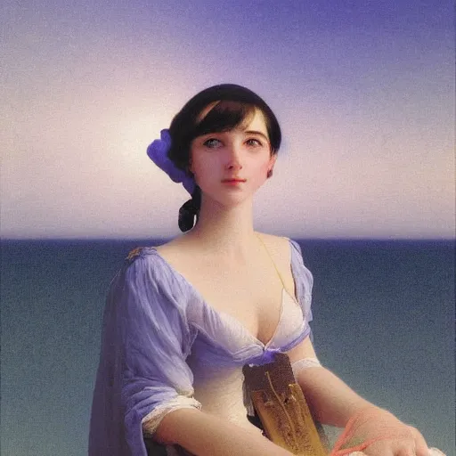 Image similar to a young woman's face, her hair is white and she wears a cobalt blue satin cloak, by ivan aivazovsky and syd mead and moebius and gaston bussiere and roger dean and pieter claesz and paul delaroche and alma tadema and aelbert cuyp and willem claesz, hyperrealistic, volumetric light, octane render