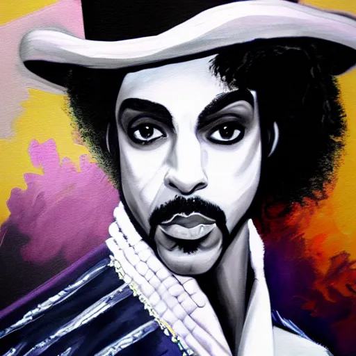 Image similar to a messy painting of Prince as a 70s pimp. Trending on ArtStation