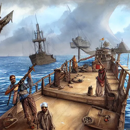 Prompt: somali pirates, a detailed matte painting by anton pieck, deviantart contest winner, fantasy art, concept art, official art, matte drawing