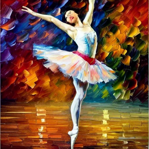 Image similar to palette knife oil painting of a leaping ballerina dancer, extreme detail, style by leonid afremov and degas, artstation, artgerm, deviant art, octane, substance, art history