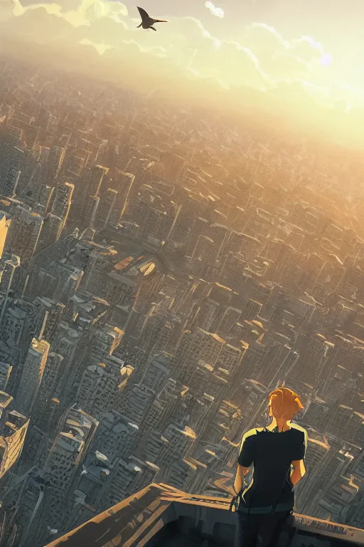 Prompt: depressed boy in black adidas sportswear looking atop of a urban plateau full of detailed soviet apartment buildings, golden hour, dreamy, serenity, beautiful clouds, ultra detailed beautiful lighting, flying birds, light rays, wallpaper, suburbs, ArtStation, wide shot, epic, beautiful artwork by Makoto Shinkai