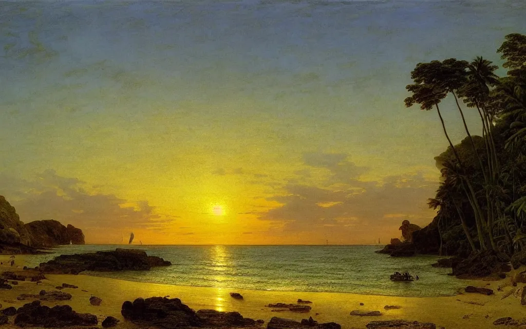 Prompt: a beautiful view of a tropical beach, clear seas, the sun is setting in the background, magical, stunning, art by caspar david friedrich and asher brown durand, intricate details, trending on artstationhq