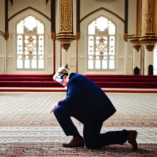 Image similar to Trump praying in mosque, award winning cinematic photography, 50 mm, blurred background, perfect faces