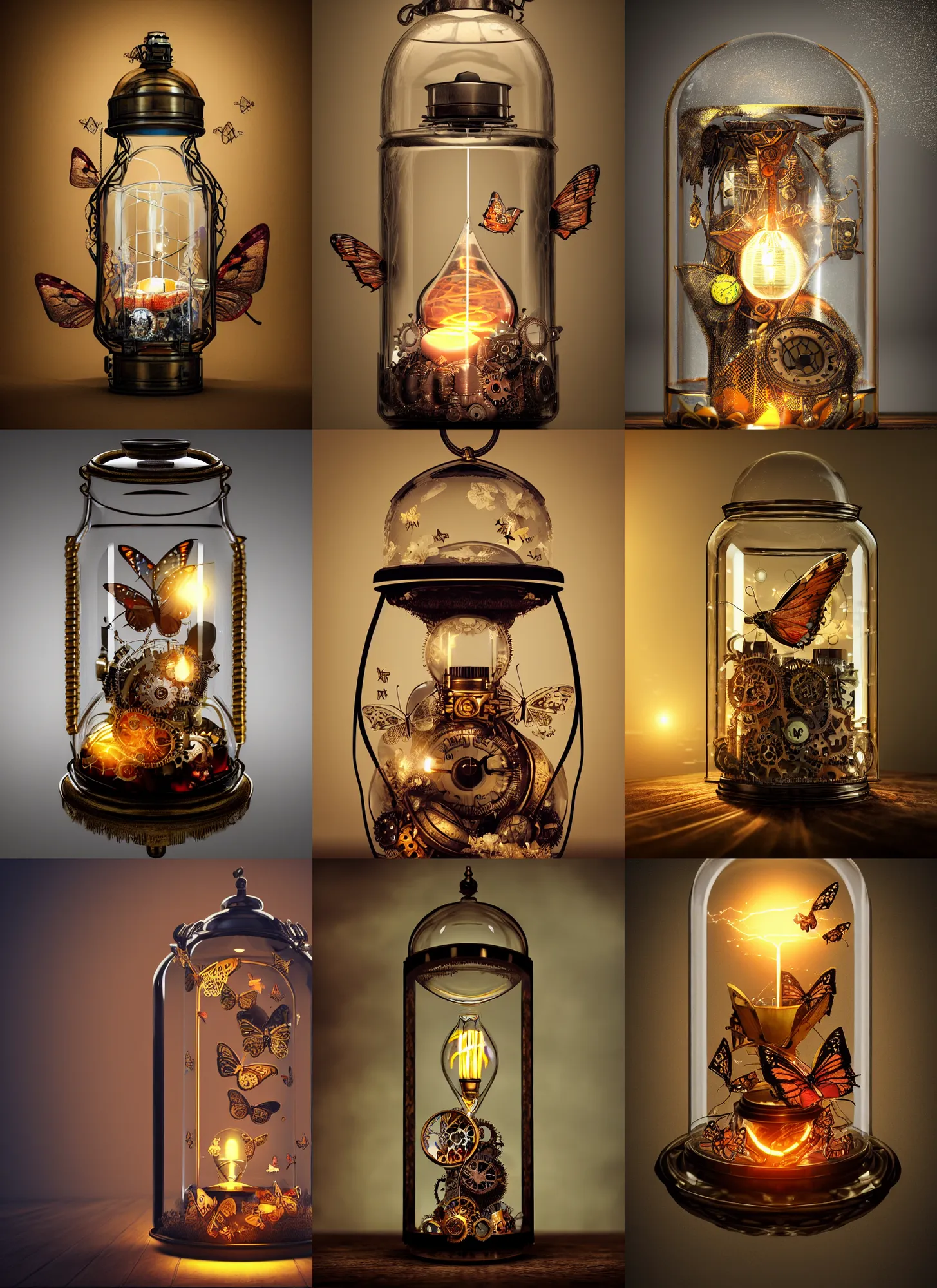 Prompt: steampunk butterfly inside a glass jar, hourglass, lightning, intricate detail, volumetric lighting, epic composition, hyper detailed, ultra realistic, sharp focus, octane render, candle, volumetric, ray tracing, artstation trending, cgsociety, sense of awe, swirling mist, 4 k