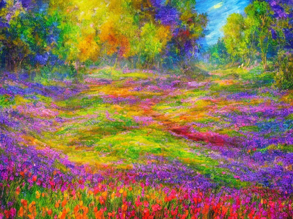 Image similar to an impressionist painting of a gorgeous meadow filled with colorful mushrooms with a stream flowing through it, psychedelic colors, colorful sky in background, high detail, trending on artstation