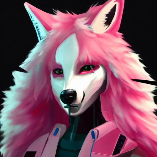 Image similar to digital art artstation, pixiv, portrait of a robotic fox with cybernetic body with pink hair, character fursona furry, furaffinity