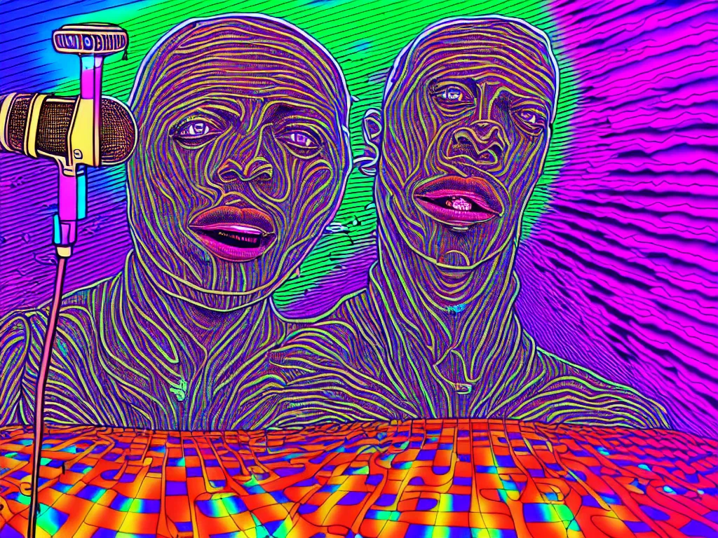 Image similar to rapping on stage at festival, holding microphone, giant crowd, epic angle, happy, psychedelic, hip hop, surreal, neon, vaporwave, detailed, illustrated by Alex Grey, 4k