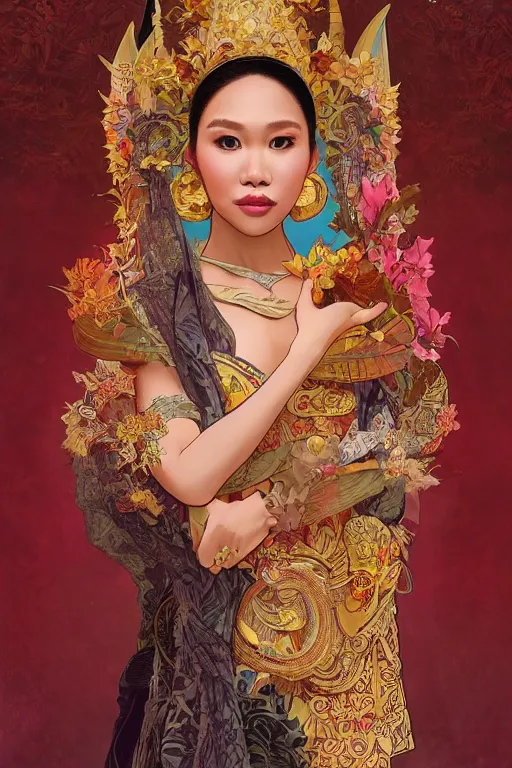 Image similar to portrait of an indonesian celebrity wearing tradistional dress, highly detailed, digital painting, artstation, concept art, sharp focus, illustration, art by kittichai rueangchaichan and james gurney and alphonse mucha