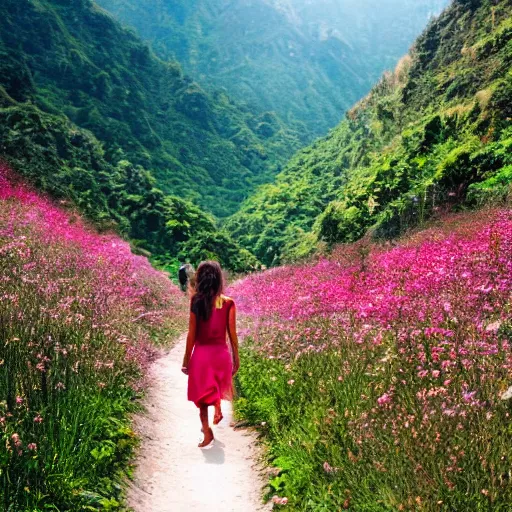 Prompt: girl walking thru the valley of flowers near the sea of dreams