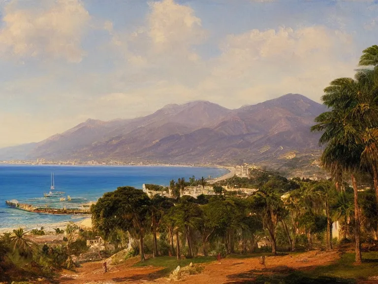 Prompt: detailed painting of marbella landscape, sun coast, small city, beach, mountain in the background, trending on artstation, by frederic edwin church